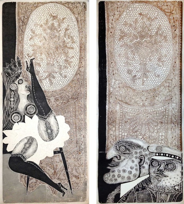 Streap-tease de Ramona (Díptico) (1963) <br>Antonio Berni, 165 x 50 cm, gofrados 17/25. - Arte Argentino - Nuestra Identidad - Pre - 60 - Post  - Museo Nacional de Artes Visuales