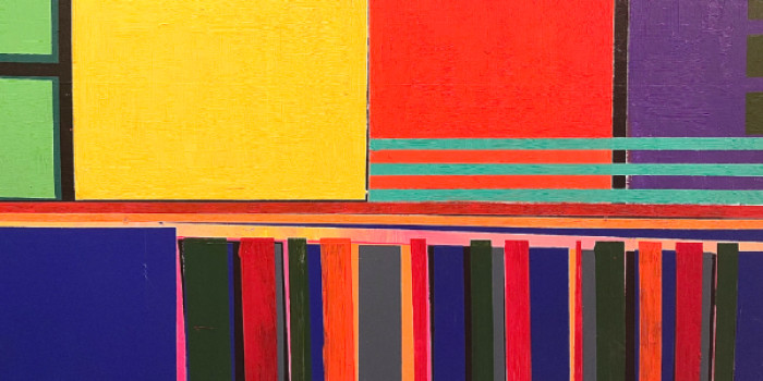 Detalle de "Objetos sin especificar", 2023-2026. Fernando López Lage (1964). Acrílico sobre tela. 180 x 180 cm. Nº inv. MT5878. - Fernando López Lage: Artistas en sus propias palabras de la muestra "Somos Jugando" - Museo Nacional de Artes Visuales