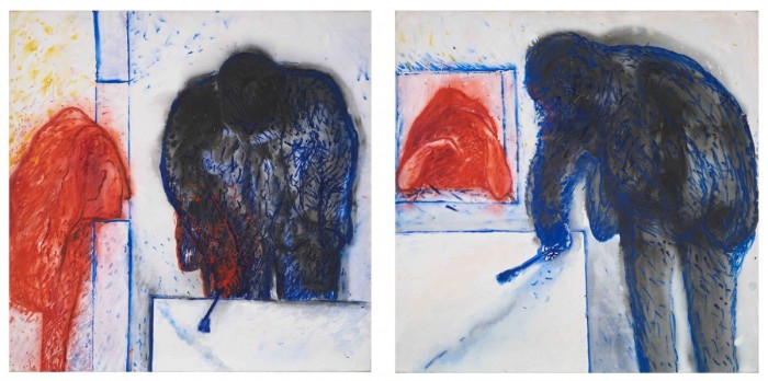 Autorretrato con la peste en Ceppaloni, 1988<br>Díptico, acrílico sobre tela<br>150 x 150 cm c/u<br>Colección particular - Obra invitada - Homenaje a Clorindo Testa (1923-2013) - Museo Nacional de Artes Visuales