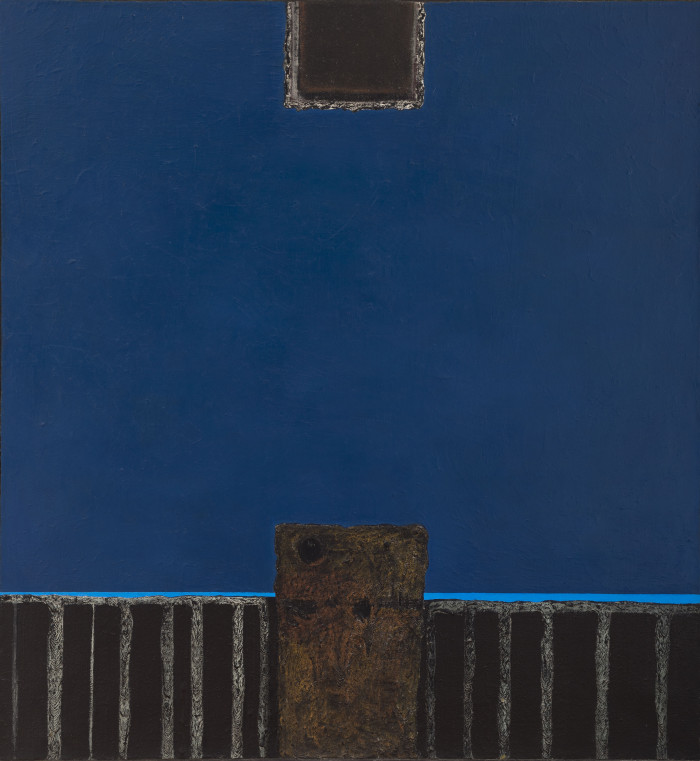 Espacio azul<br>Jorge Damiani (1931-2017)<br>Técnica mixta<br>170 x 158 cm<br>Nº de Inventario: 4798<br>Exhibición: Sala 1 <br><br> - Variaciones abstractas - Colección MNAV - Museo Nacional de Artes Visuales