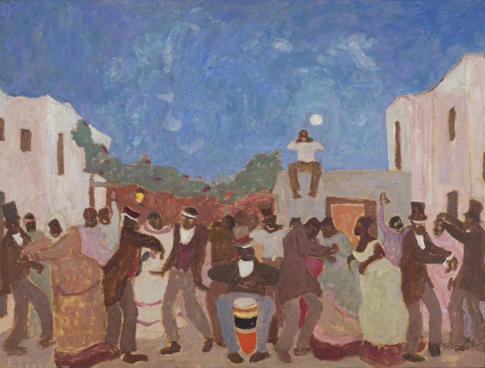 Candombe, c.1925. <br>Pedro Figari (1861-1938)<br>Óleo sobre cartón<br>62 x 82 cm<br><br><a href='http://acervo.mnav.gub.uy/obras.php?q=lugar:2&g=1&m=100' target='_blank'>Ver las obras expuestas en Sala 2</a> - Colección MNAV - Museo Nacional de Artes Visuales