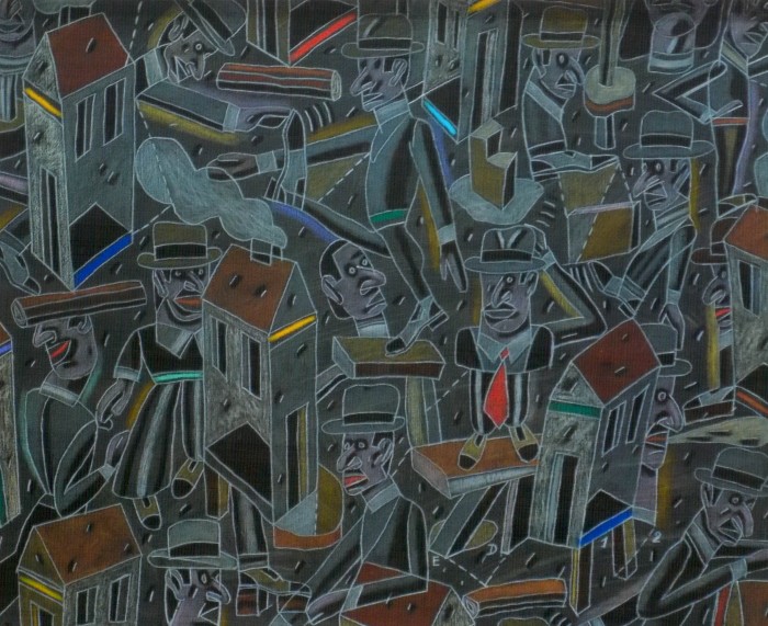 Pasar inadvertido (1986)<br>Antonio Seguí, 46 x 55 cm, acrílico sobre tela.  <br> - Arte Argentino - Nuestra Identidad - Pre - 60 - Post  - Museo Nacional de Artes Visuales